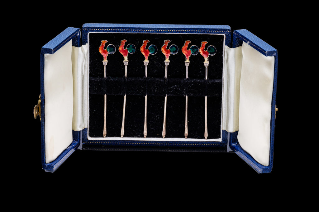 Edwardian Cased Sterling Silver and Enamel Toothpicks.  SOLD