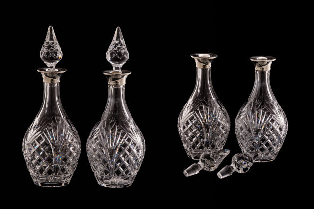 Mid Century Pair of Sterling Silver Cuffed Decanters.