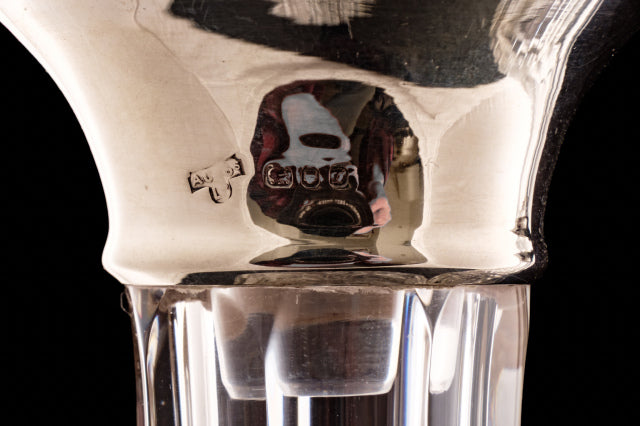 Mid Century Pair of Sterling Silver Cuffed Decanters.