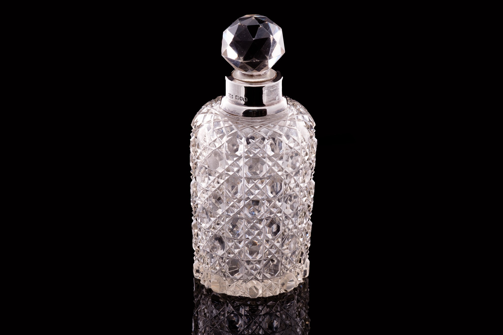Edwardian Hobnail Glass and Sterling Silver Coillared Perfume Bottle.    SOLD