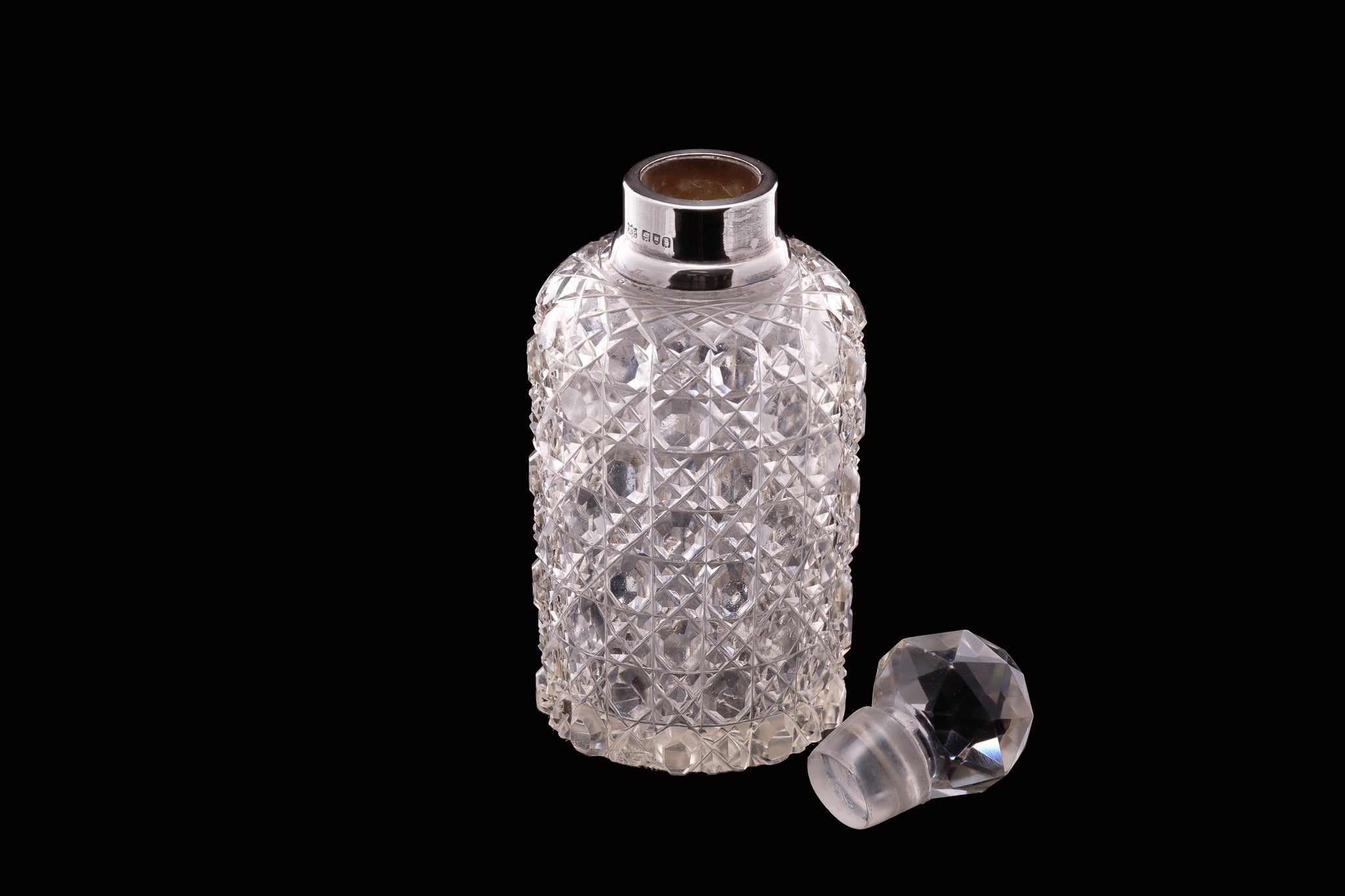 Edwardian Hobnail Glass and Sterling Silver Coillared Perfume Bottle.    SOLD