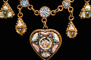 Victorian Micro Mosaic Heart Festoon Necklace.