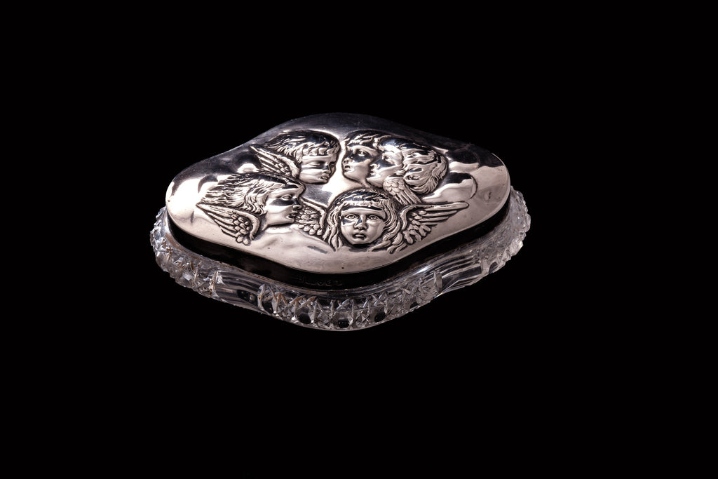 Victorian Sterling Silver Lidded Trinket Pot Featuring Renoufs Angels