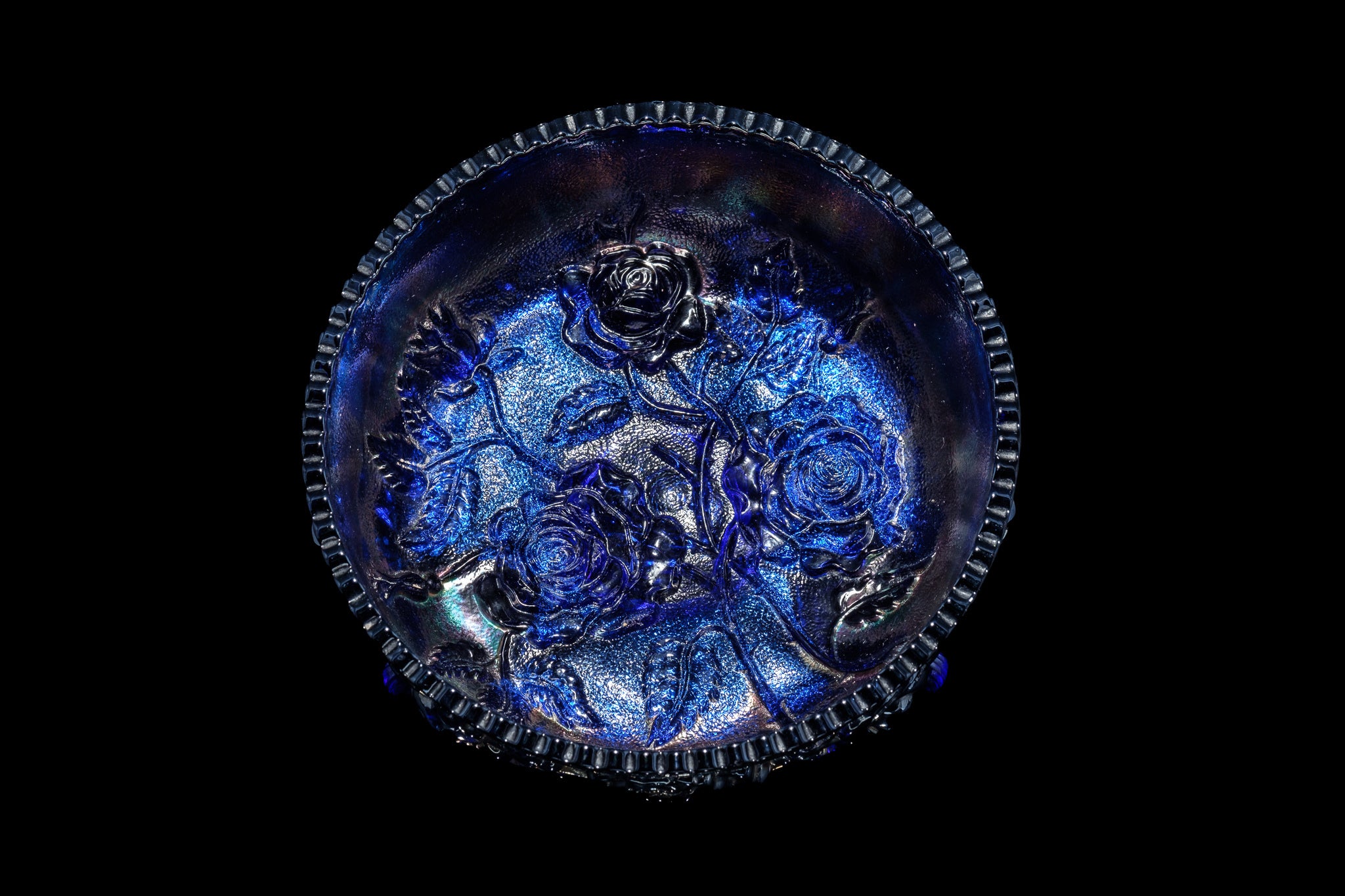 Carnival Glass Embossed Footed Cobalt Blue Wedding Rose Bowl.