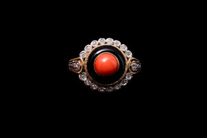 Vintage Gold, Coral, Diamond and Enamel Ring.