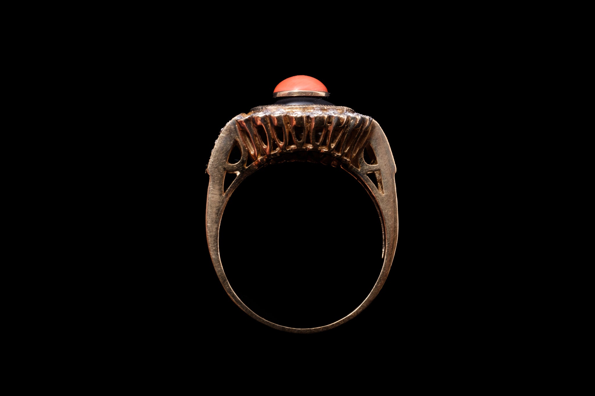 Vintage Gold, Coral, Diamond and Enamel Ring.    SOLD