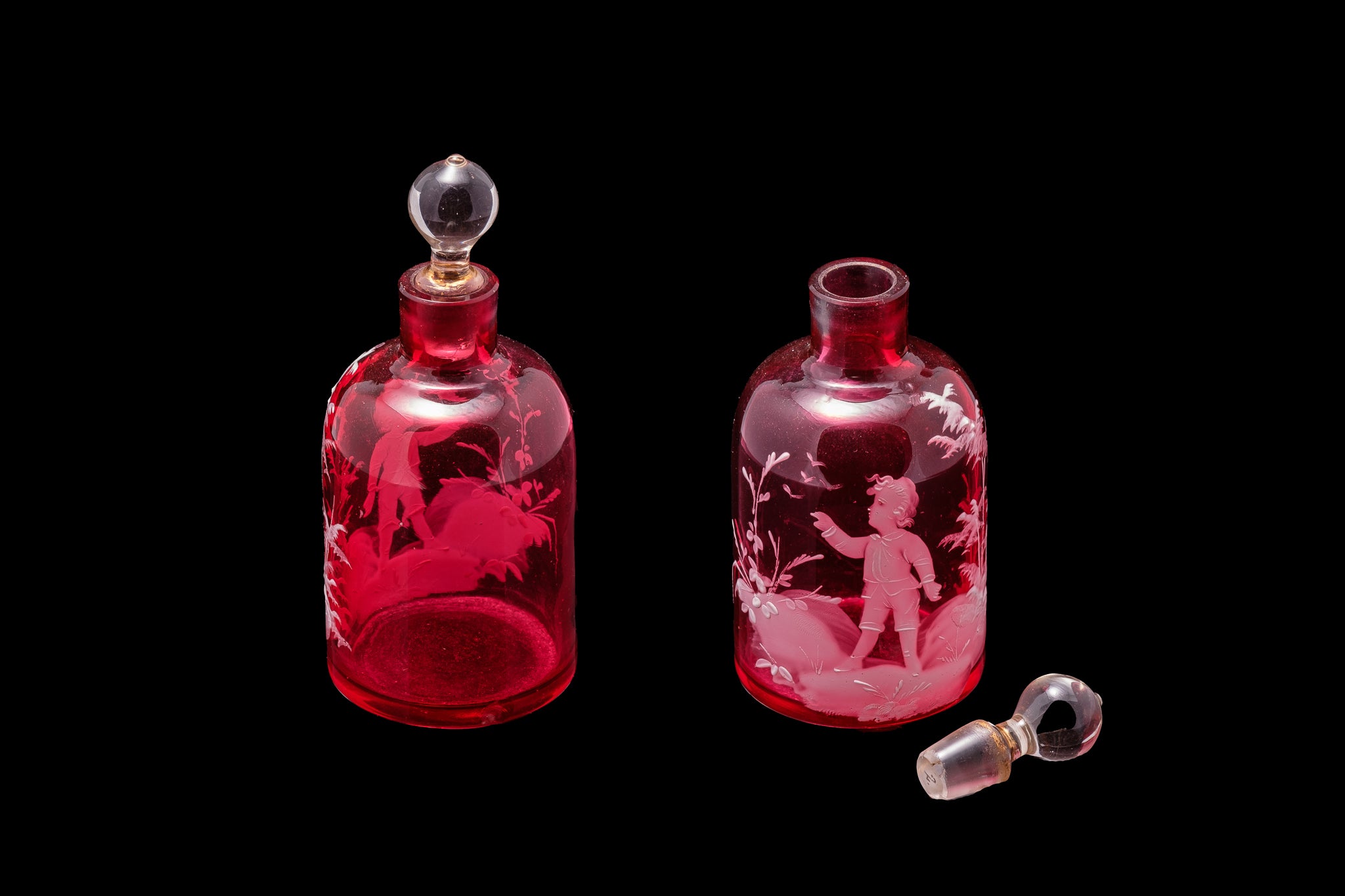 Edwardian Mary Gregory Cranberry Glass Perfume Bottle.