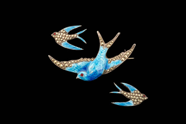 Mid Century Sterling Silver and Enamel Bluebird Brooch and Earrings.