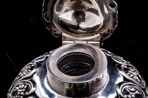 Edwardian Glass Inkwell with Sterling Silver Overlay.