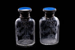 Edwardian Engraved Glass Bottles with Sterling Silver and Enamel Tops.