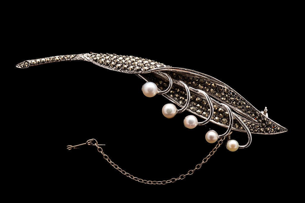 Mid Century Sterling Silver, Marcasite and Pearl Brooch.