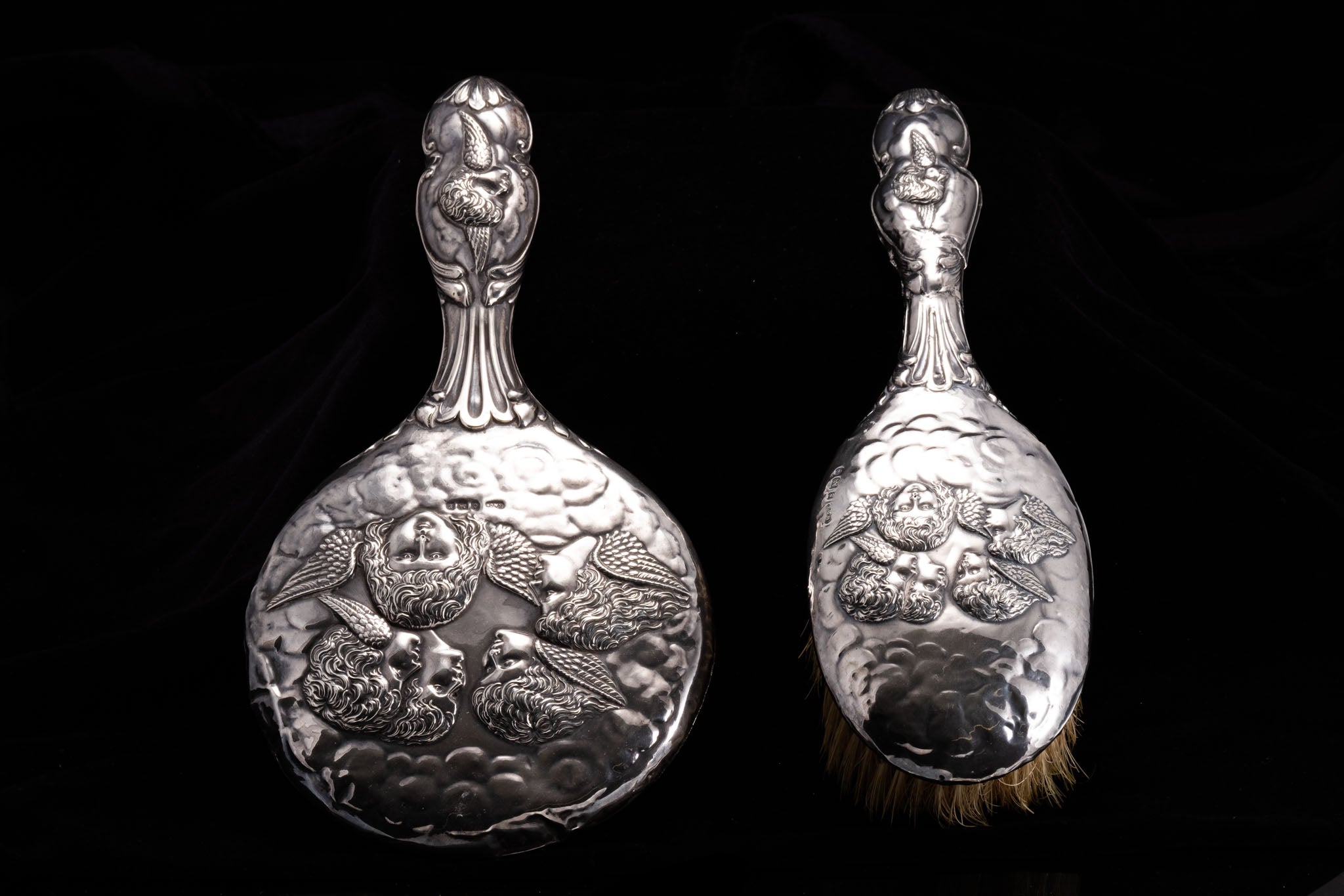 Victorian Sterling Silver Cherub Brush and Mirror Set.
