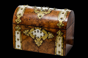 Victorian Burr Walnut Tea Caddy with Brass and Ivory Strapping.