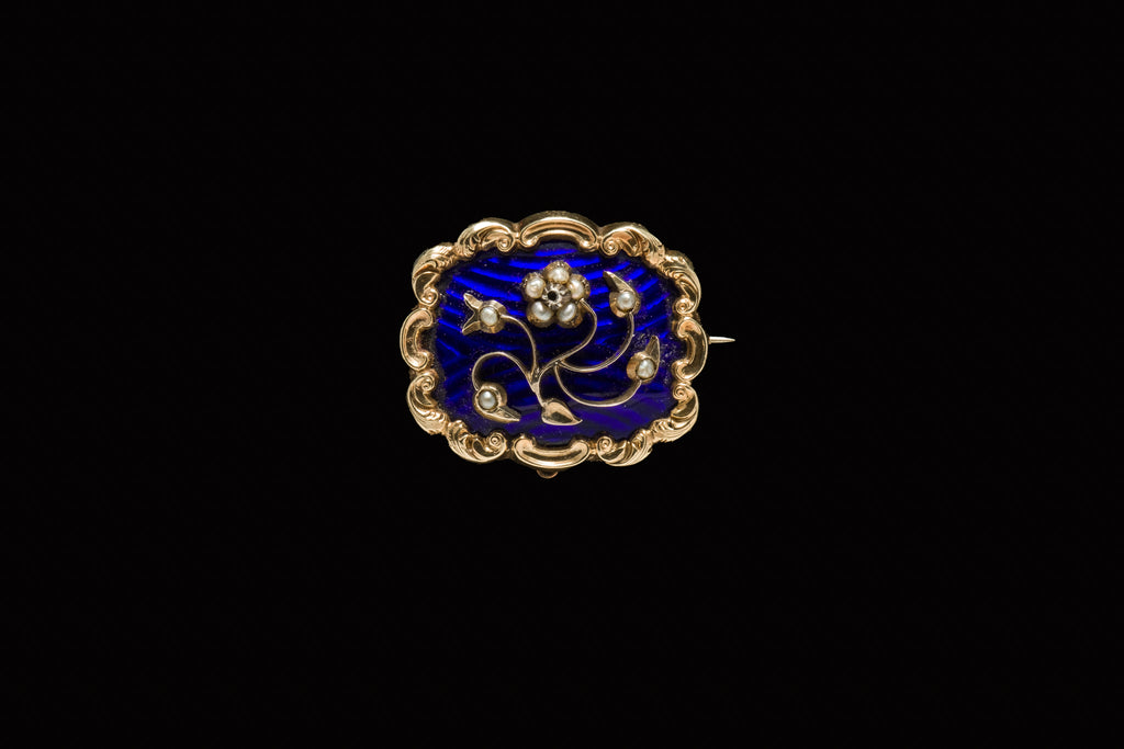 Victorian Gold, Blue Guilloche Enamelling and Seed Pearl Brooch.