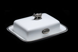 French Country Contemporary Porcelain and Pewter Butter Dish.
