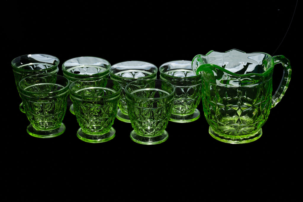 Uranium Green Glass Jug and Seven Tumblers.