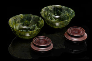 A Pair of Spinach Jade Bowls with Stands.