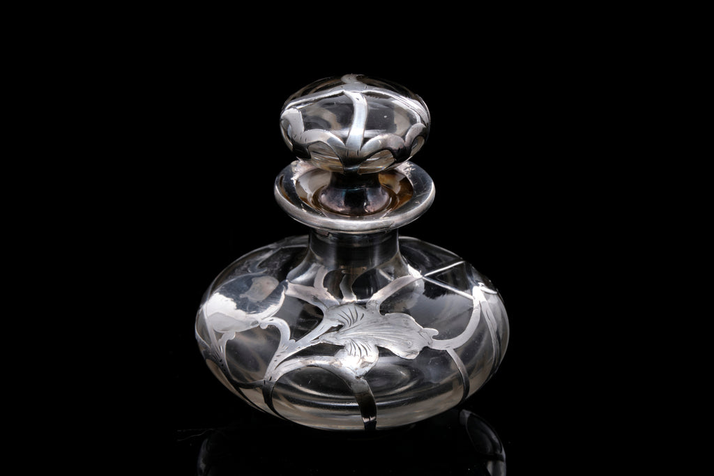 Victorian French Perfume Bottle Overlaid in Sterling Silver.