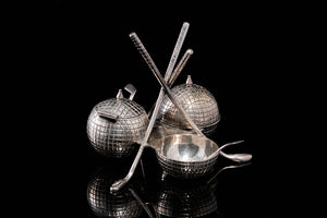 Edwardian Silver Plate Golfing Condiment Set.   SOLD
