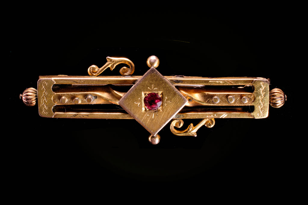 Victorian 9ct Gold and Ruby Bar Brooch.