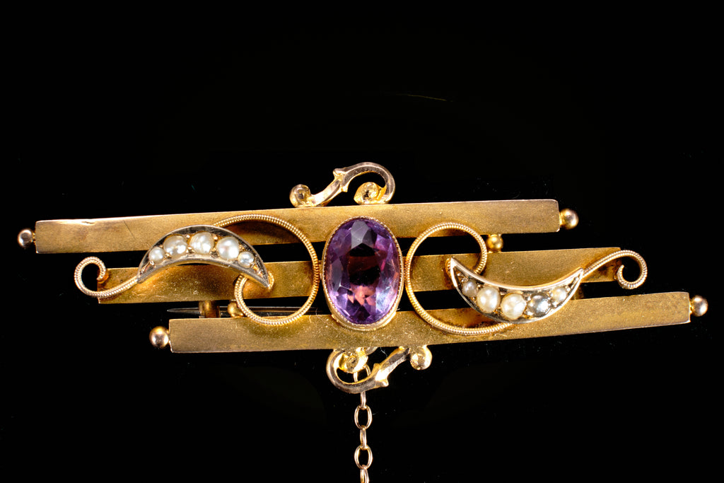 Victorian Gold Amethyst and Seed Pearl Bar Brooch.